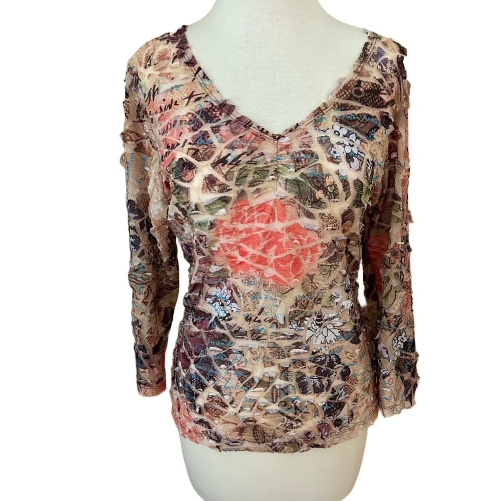 Y2K Cubism 3D Semi Sheer Top Women’s Medium Abstract Patchwork Floral Print